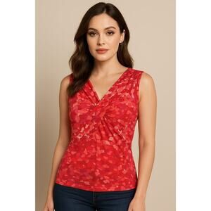 Tahari Red Floral Abstract Print Twist Front Sleeveless Top - Size XS